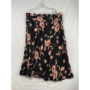 Chaps Floral Midi Skirt Womens XXL Black Coral Flowy Elastic Waist A-Line